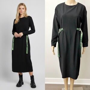ZARA Black Minimalist Contemporary Relaxed Fit Long Sleeves Belted Midi Dress.